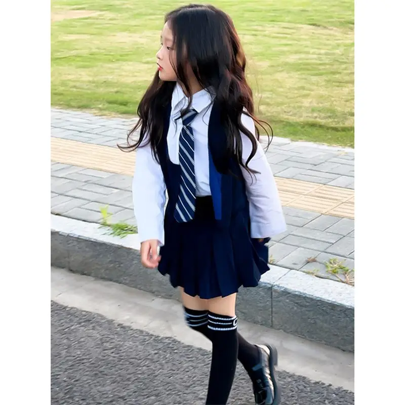 

Spring/Autumn Teen Girl suit Cloth long sleeve JK tie Shirt blouse + vest + Pleated skirt children set 4 6 7 8 9 14 11 12 year