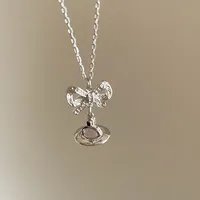 Elegant Cat's Eye Stone Planet Butterfly Knot Pendant Necklace Women's Simple Personality Fashion Versatile Choker Necklace