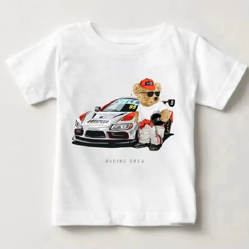 Divertente orso che cavalca moto auto stampa nuovi ragazzi e ragazze T-shirt bianca estate per bambini Harajuku Kawaii divertente bambino