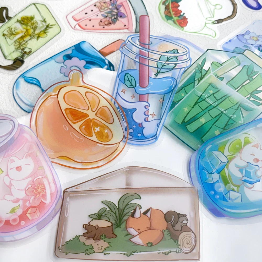 

10/30/50pcs Cartoon Transparent Drink and Animal Aesthetic Stickers Cute Decals for Notebook Helmet Phone Graffiti Sticker Toys