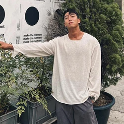 Fall Thin Long Sleeve O Neck Men T Shirts Fashion Simple Lazy Harajuku High Street 2xl Oversized Clothing Tops Daily Black Khaki