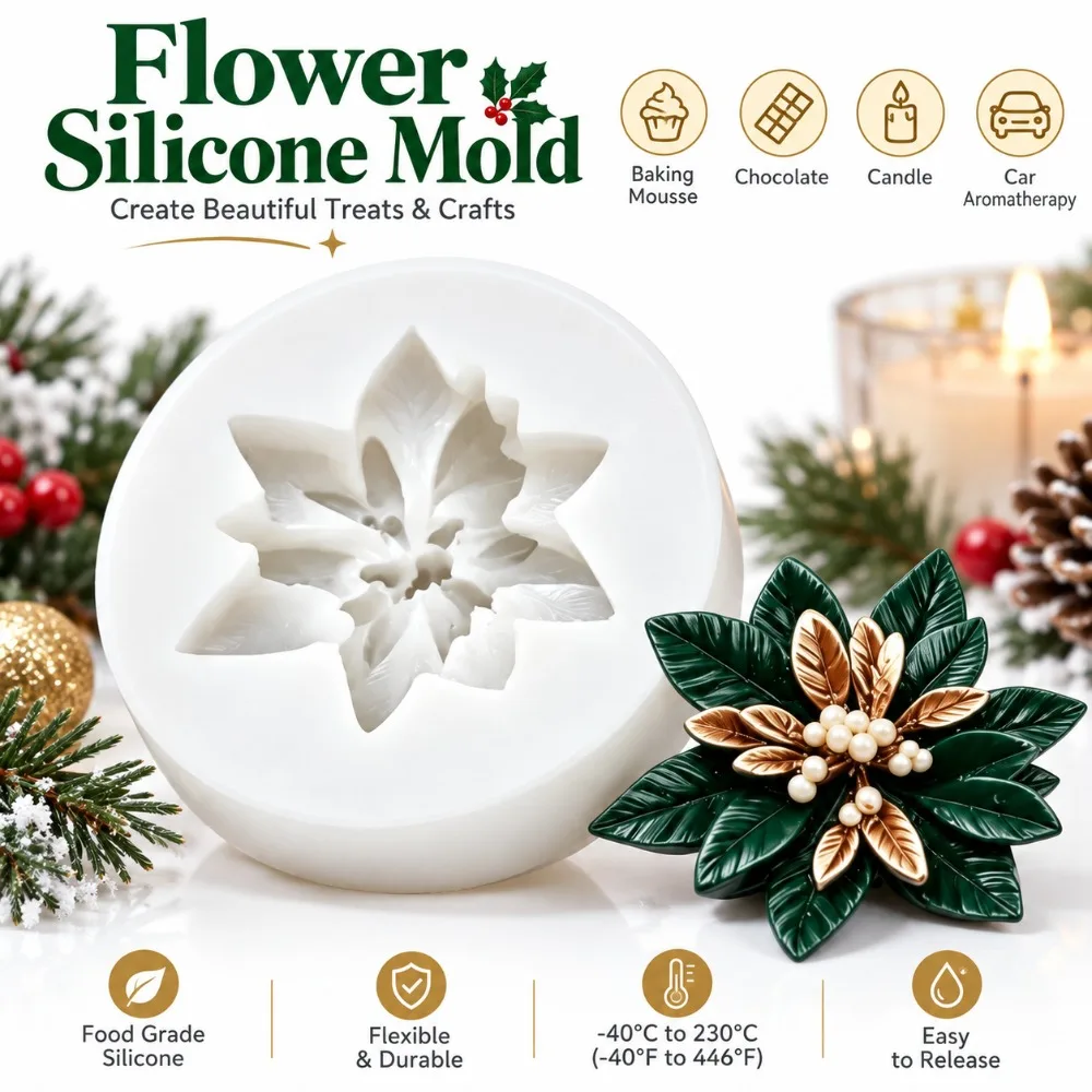 2pcs Holly Leaf Design Flower Silicone Mold Flexible Silicone Easy Release Chocolate Soap Mold Plaster Cake Mold Christmas Craft