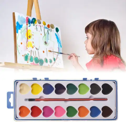 Bilashmart Valentine's Day Watercolor Paint Set 16 Colors Heart-Shaped Paints with Paintbrush Washable Watercolor Paints