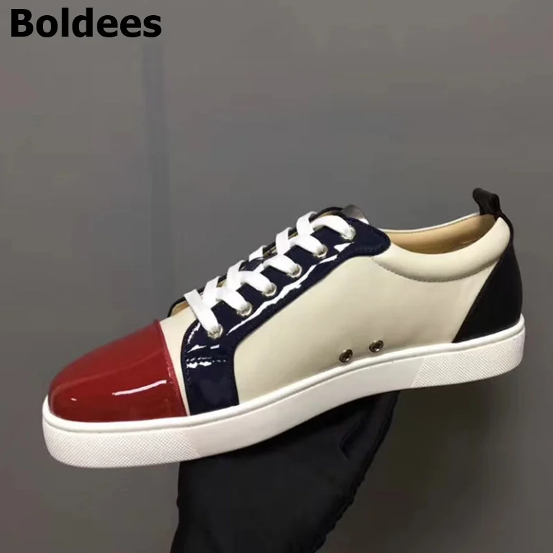 Red Patent Leather Toe Men Breathable Lace Up Flats Casual Shoes Low Top Sneakers Bottom Zapatillas Hombre Plus Size 38-47