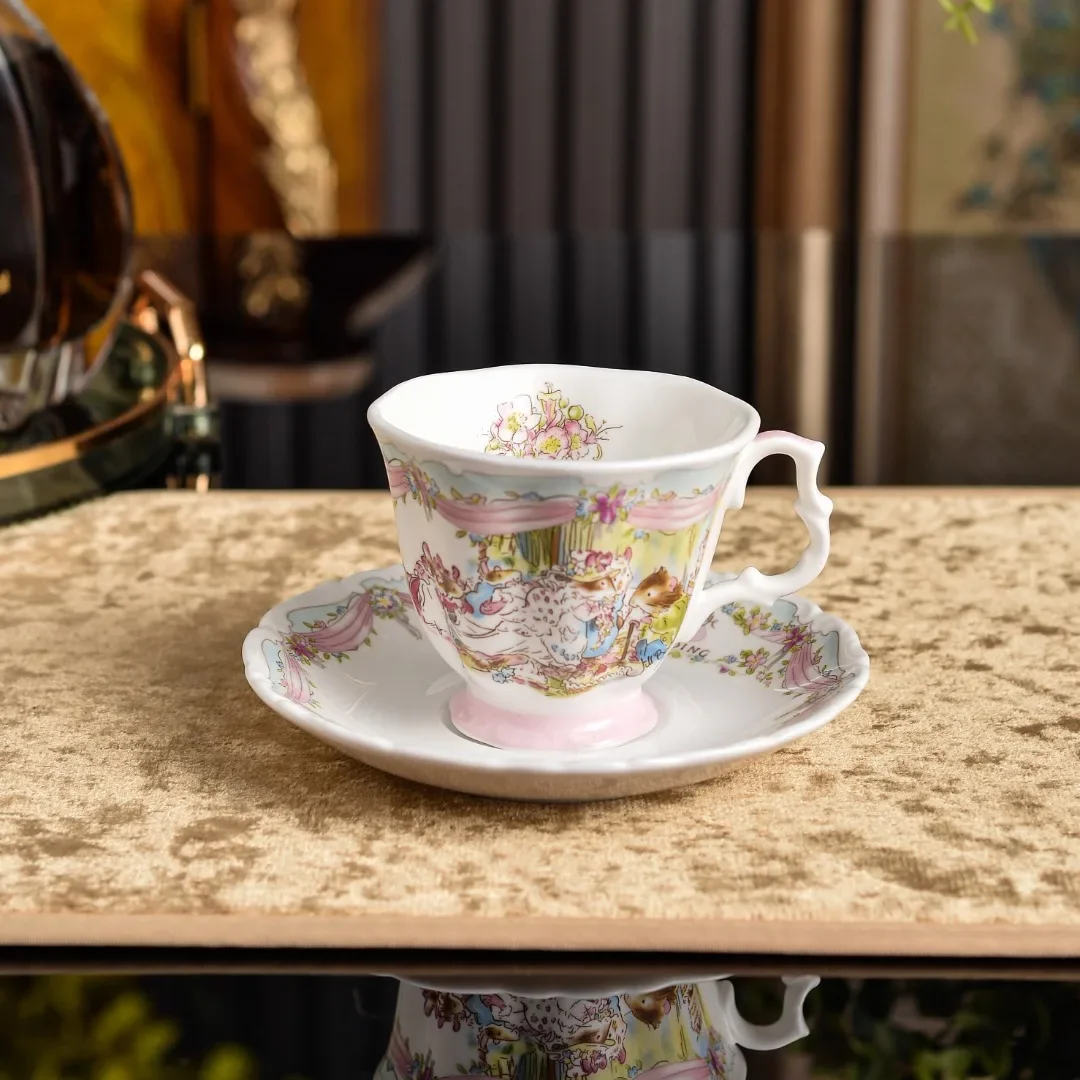 Mouse Wedding Porcelain Cup and Saucer Set Pink 350ml Mug 8in Ceramic Dessert Plate Tableware Gift for Wedding Home Decor