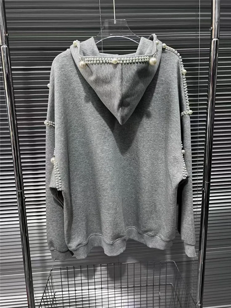 [ZOCI] 2024 Early Autumn New Cool Series Heavy Industry Nail Bead Loose And Versatile Zipper Cardigan Gray Hooded Sweatshirt