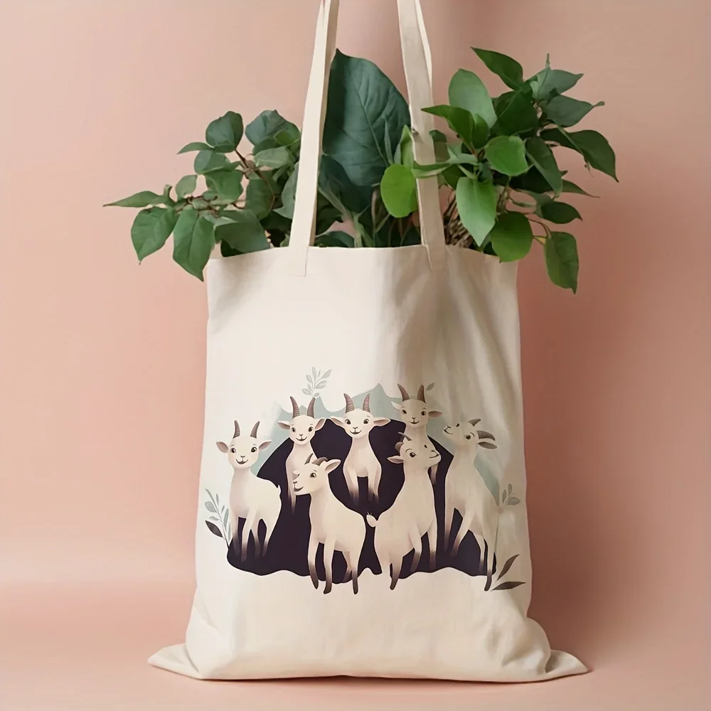 1pc Goat Family Illustration Canvas Tote Bag - Reusable Grocery Bag, Durable Polyester Canvas Leak-Proof 35.05cm x 40.13cm Shopp