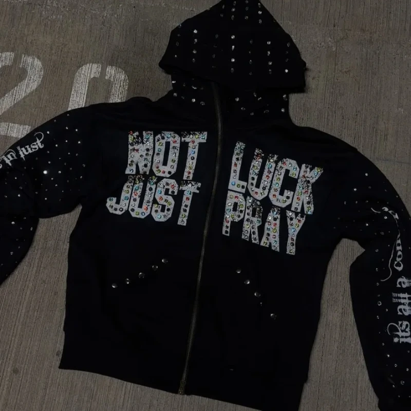 Gothic Punk Rock Harajuku Street Hip-Hop Rhinestone Letter Print Design Couple Trendy Sweatshirt Casual Versatile Zipper Hoodies