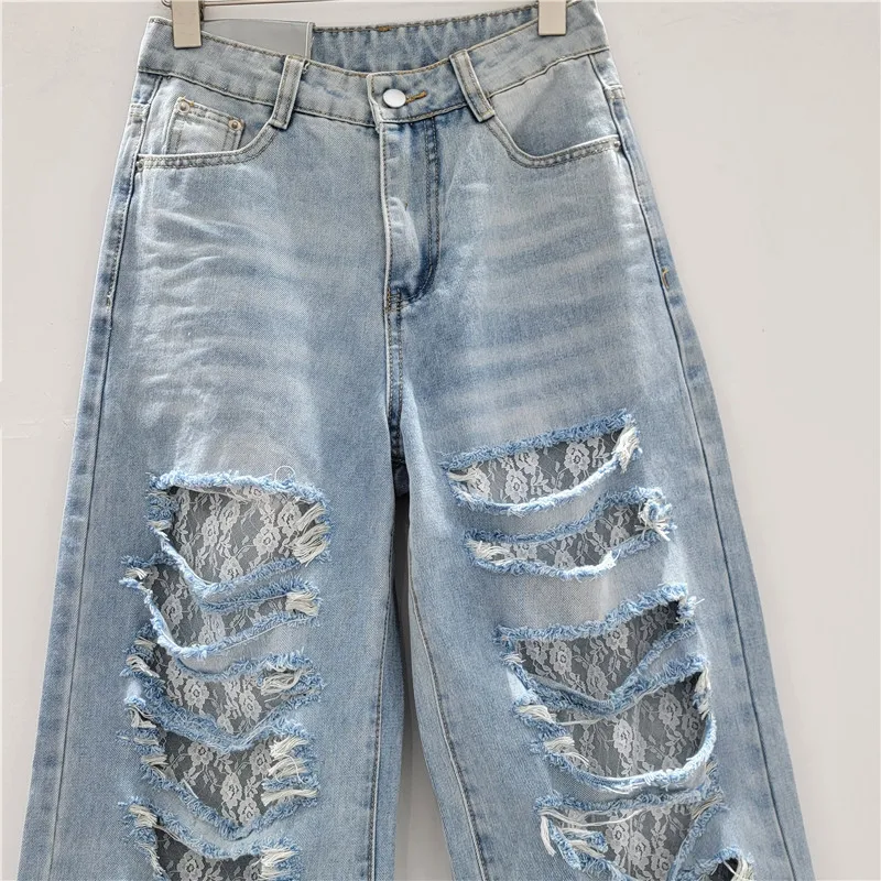 Lace Patchwork Ripped Jeans Women's Summer Blue Loose High Waist Straight Trousers