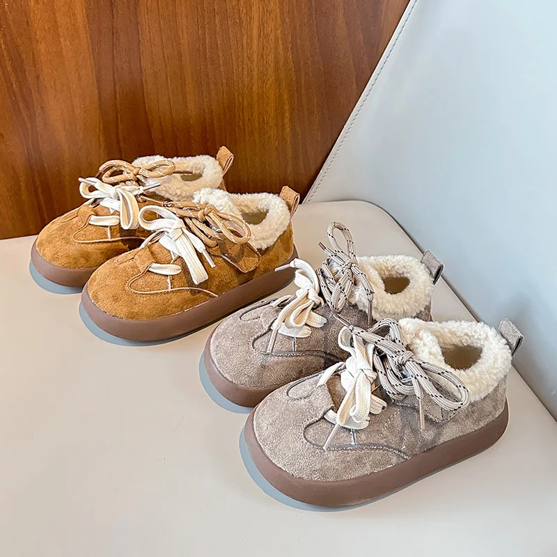 

Детские туфли на плоской подошве, замшевая теплая детская повседневная обувь на липучке, новинка зимы 2025, спортивная обувь с круглым носком для мальчиков и девочек, модная спортивная обувь с мягкой подошвой