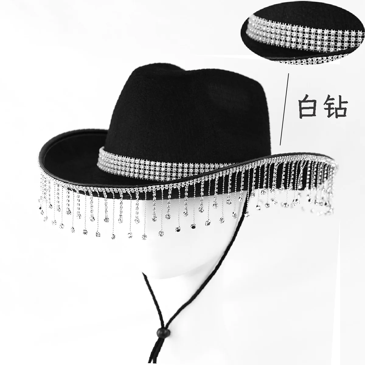 Fluorescent Colorful Tassel Women\'s Cowboy Hat Rhinestone Fringe Black Western Cowgirl Hats Bride Crystal Solid Party Dress Hats