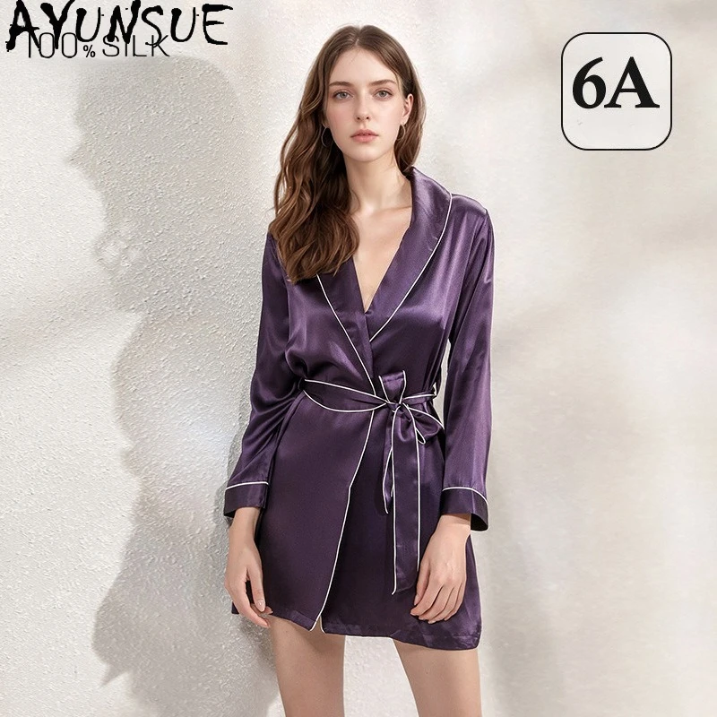

AYUNSUE 19MM 100% Real Mulberry Silk Robe Women Elegant Pajama Spring Summer Women's Home Clothes Lace-up Robes for Woman 잠옷