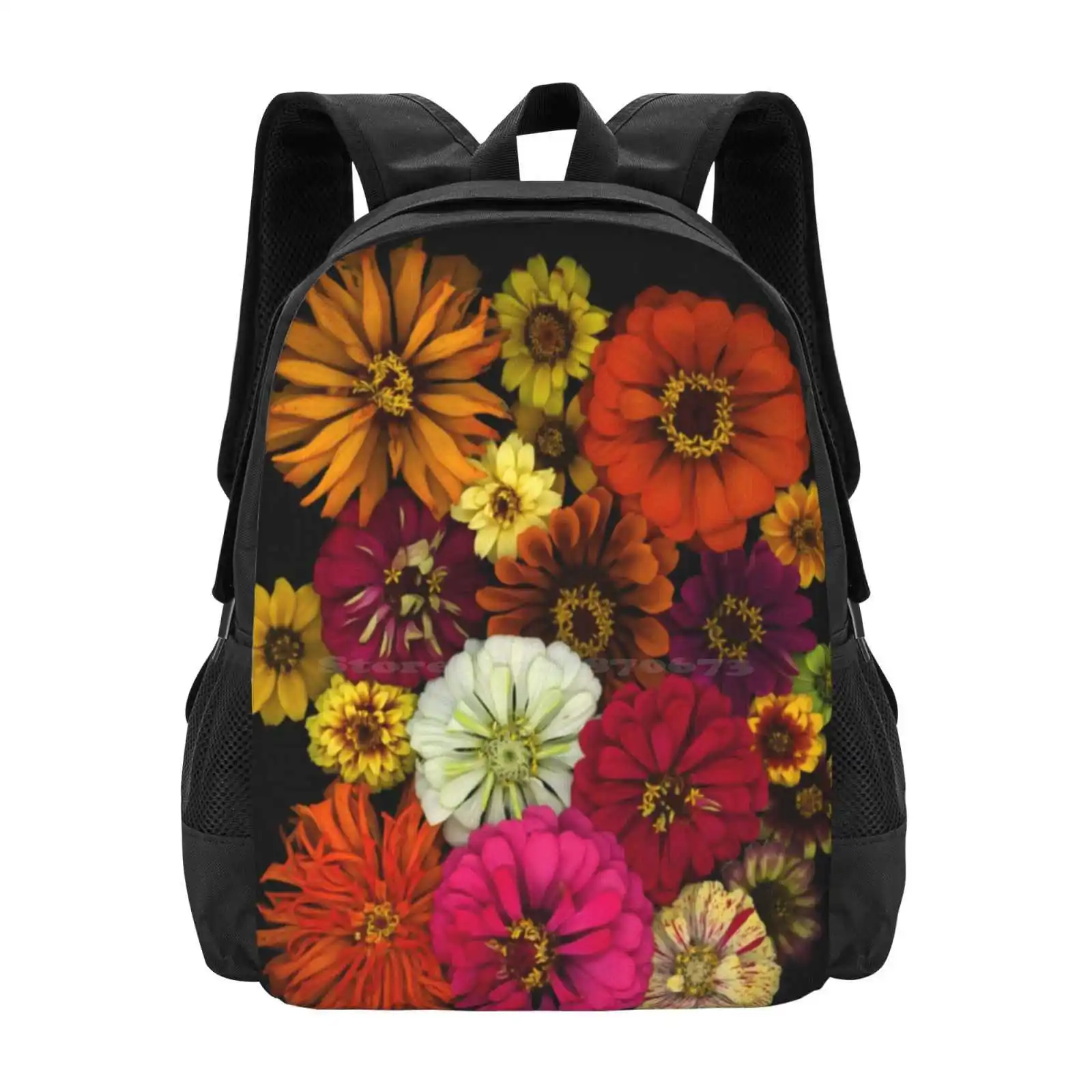 Zinnia Teen College Student Backpack Pattern Design Bags Zinnias Floral Maz Ghani Ideas Orange Pink Garden Wildflowers Nature