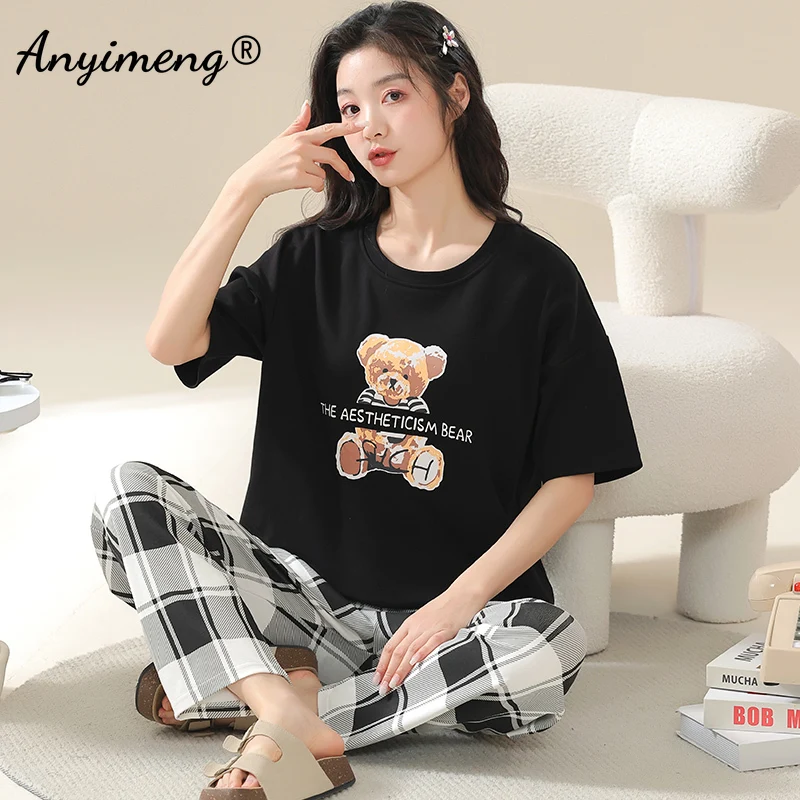 Cute Plus Size 2 Piece Set Women 4XL 5XL Summer Short Sleeve Long Pants Pajamas for Woman Cartoon Sleepwear Girl Cotton Pijamas