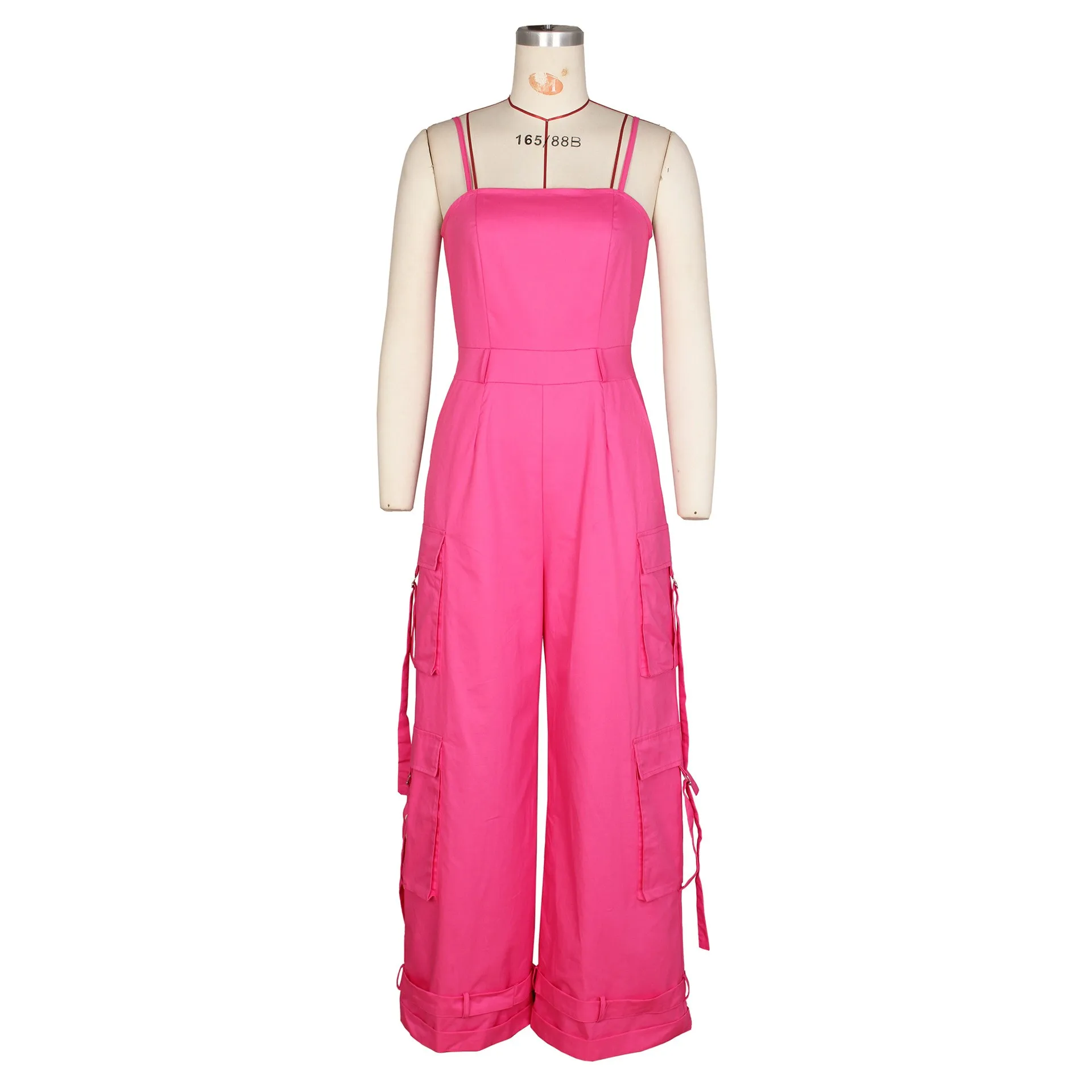 Women's Jumpsuit Sleeveless Wide Leg Romper Pink Cargo Pocket Overalls High Waist Square Neckline Jumpsuits Beige Tie Detail