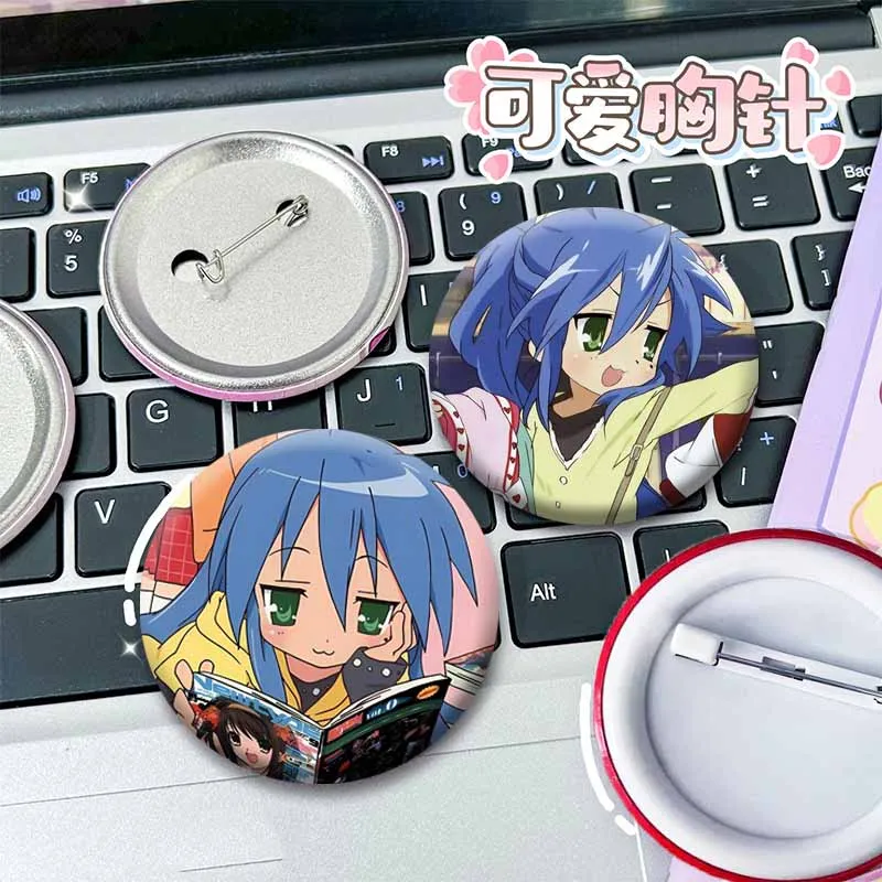 Funny Cute Cartoon Figure Izumi Konata Badge Tinplate Anime Lucky Star Button Pins Customizable Brooches for Bag Clothes Gifts