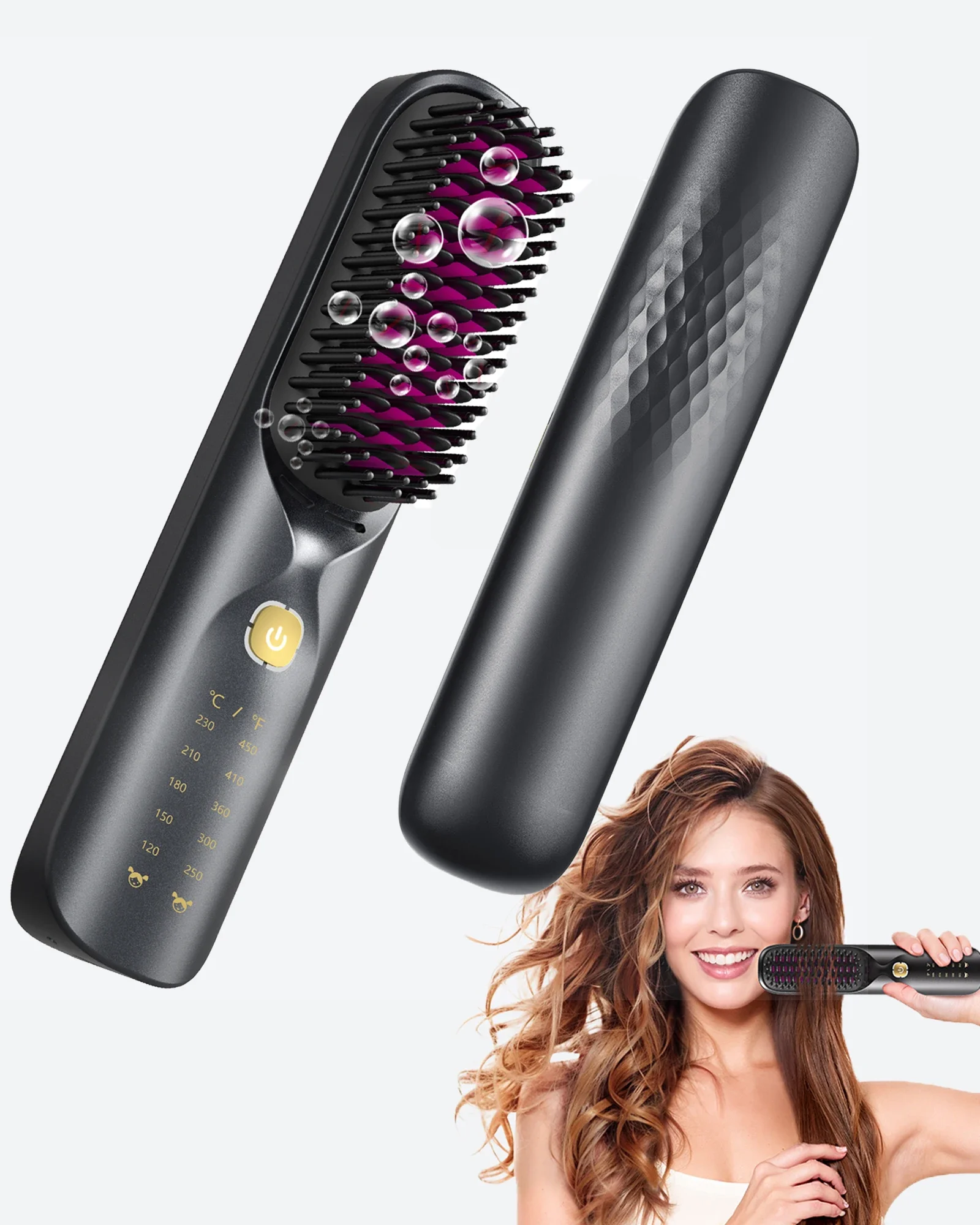 

Cordless 2-in-1 Straight Hair Comb & Curler 10000mAh Battery Negative Ion USB Charging 30s Heat Up Travel-Friendly Styling Brush