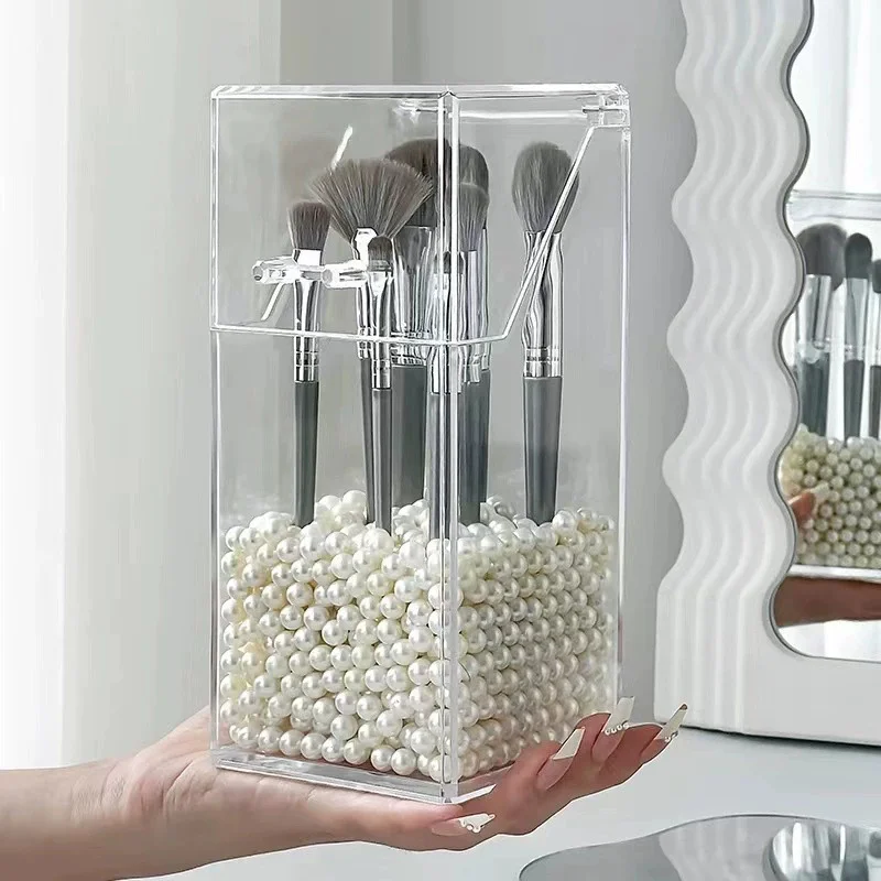 Soporte para brochas de maquillaje, organizador de herramientas para brochas cosméticas acrílicas transparentes cuadradas con tapa a prueba de polvo, caja de almacenamiento para lápices de cejas