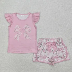 Wholesale Children Ruffle Outfit Toddler Kids Short Sleeves Shirt Infant Flower Bows Shorts Baby Girl Set Clothes
