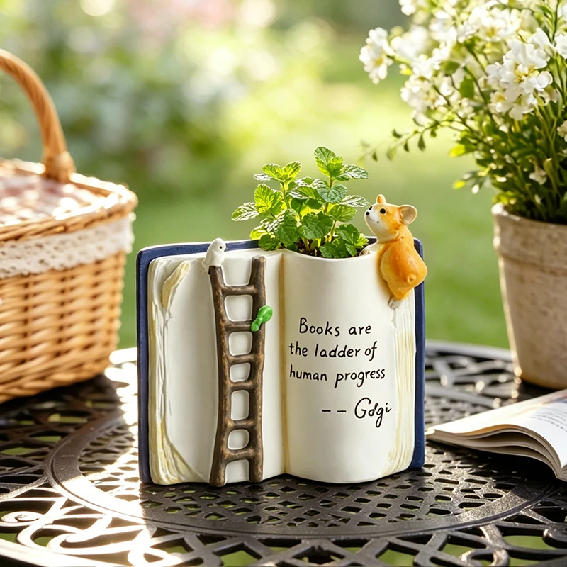 Literary Open Book Resin Succulent Planter Adorable Puppy Bird Ladder Pot for Indoor Home Desktop Balcony Small Planting Use