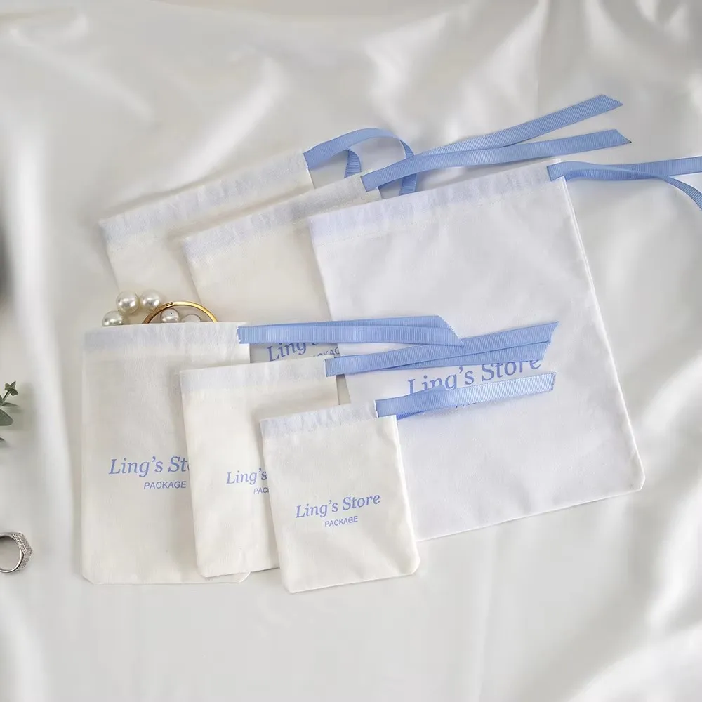 100Pcs Pure White Cotton Jewelry Bag Canvas Single Side Ribbon Pouch For Watch Record Sunglasses Headset Gift Giving Organizer