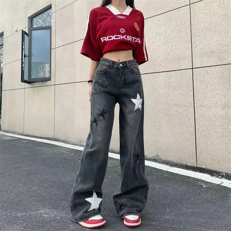 2023 New Women\'s Denim Pants Y2K Vintage Embroidery High Waist Jeans Women\'s Hip Hop Straight Leg Pants Wide Leg Pants Women