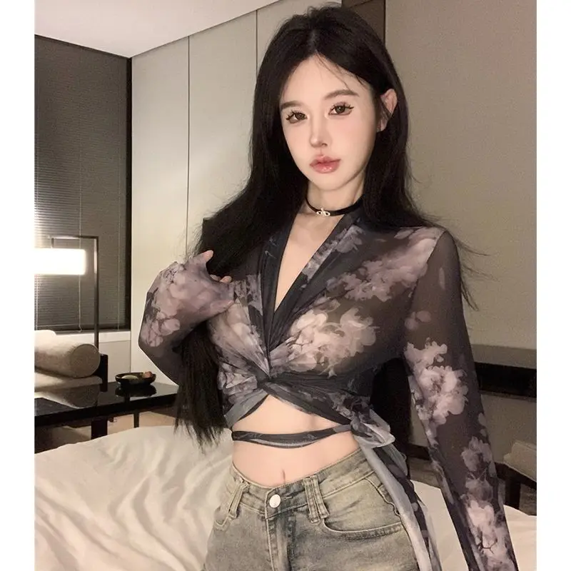 Thai Design Sensual Water-Mark Print V-Neck Crossed Mesh Shirt Women Sexy Spicy Girl Tied See-Through Blouse Standard Fit T-S...