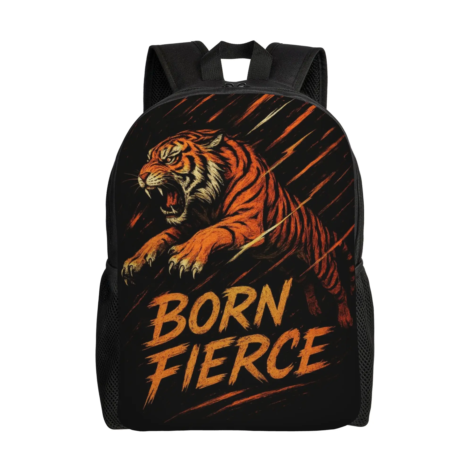 Back to school season Retro Washable Born Fierce Tiger Quote Design Knapsack  Men Women Adult Backpack