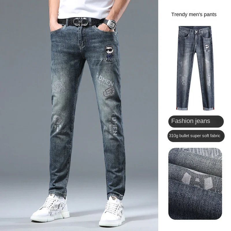 2024 New Men's Trousers Simple Slim-Fit Nostalgic Craft Rhinestone Printing Skinny Pants Cotton Elastic Fashion Brand Jeans Men