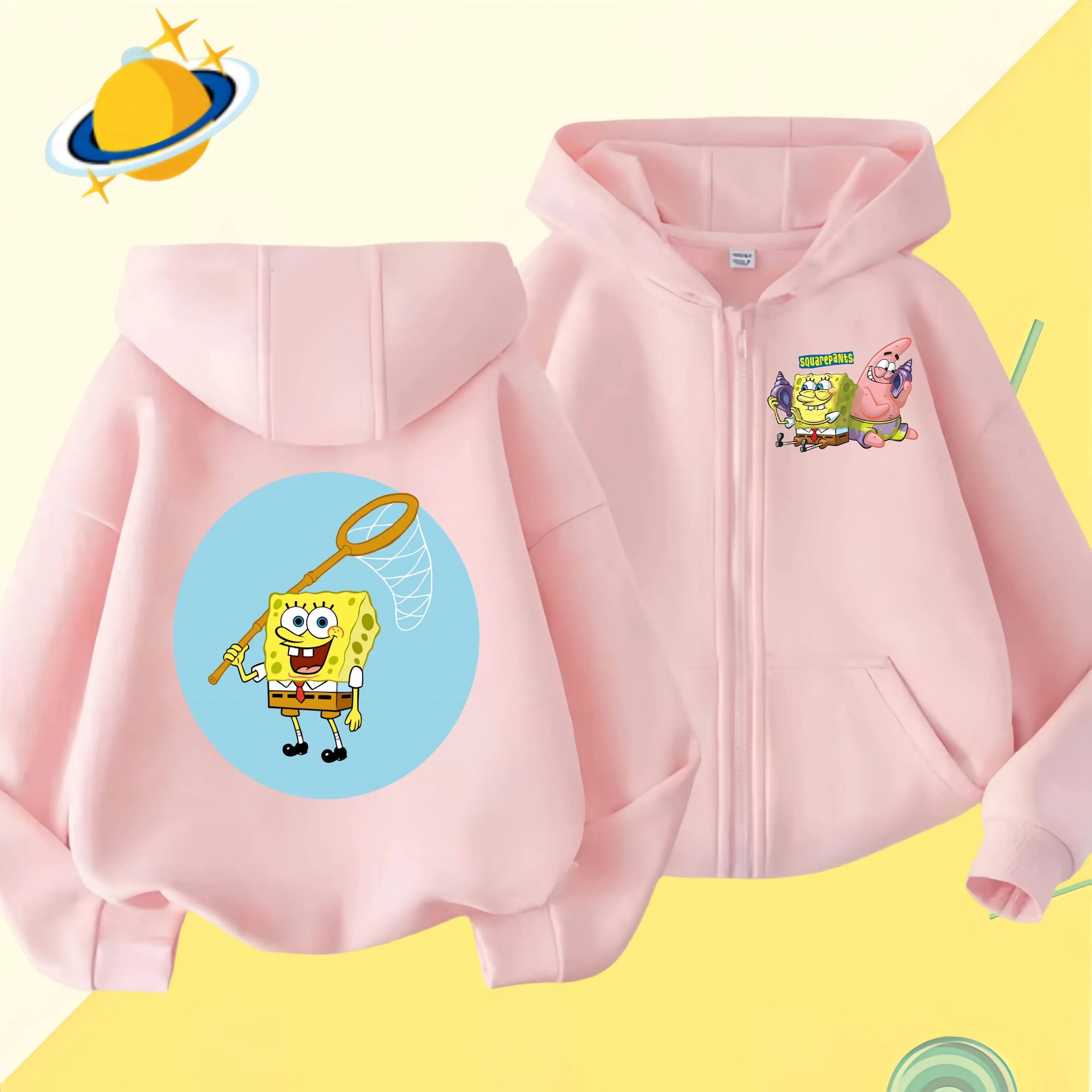 Spongebob Squarepants Zipper hoodie Cartoon Family Sweater for Autumn and Winter Thin or Fleeced Long-Sleeved Hooded Sweatshirt