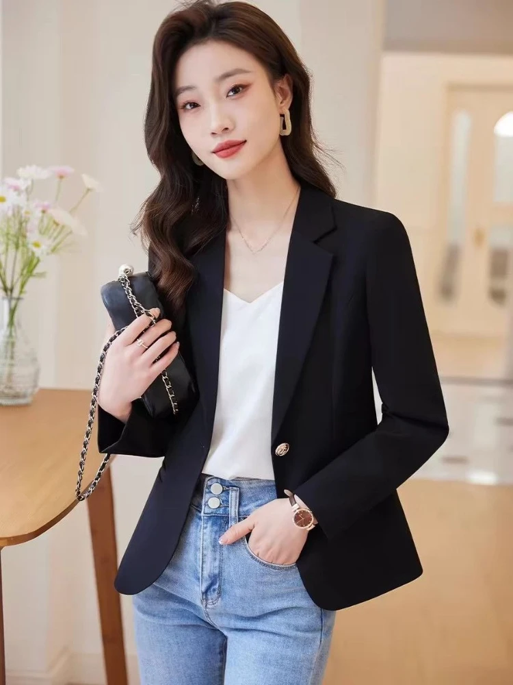 2026 Women Black Slim Fit Cropped Blazer Casual Short Jacket for Petite Spring Autumn Chic Office Lady Suit