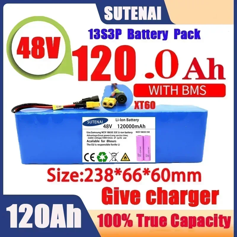 

Powerful 48V 120000mAh 1000w 13S3P XT60 120Ah Li-ion Battery for 54.6V Scooter Electric Bike with BMS Charger