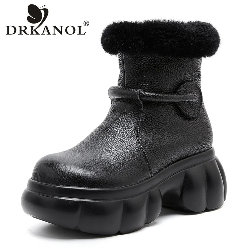 DRKANOL Fashion Winter Snow Boots Women Genuine Leather Wide Head Rabbit Fur Mouth Plush Warm Platform Thick Heel Mid Calf Boots