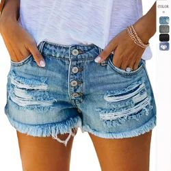 2024 zomer nieuwe denim shorts damesmode trendy gat kwastje effen kleur single-breasted korte vrouwelijke hotpants streetwear
