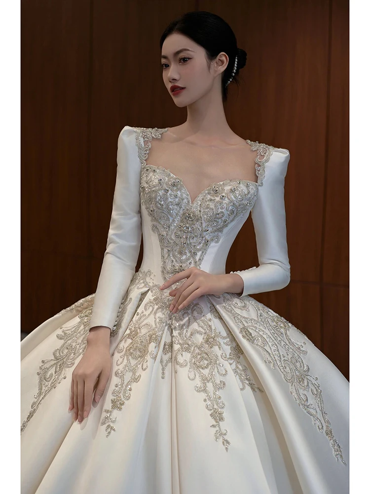 Satin Wedding Dress 2024 New Spring  Bride Ball Gown Heavy Industry Lusury Beading Long Sleeve Plus Size Vintage Court Style