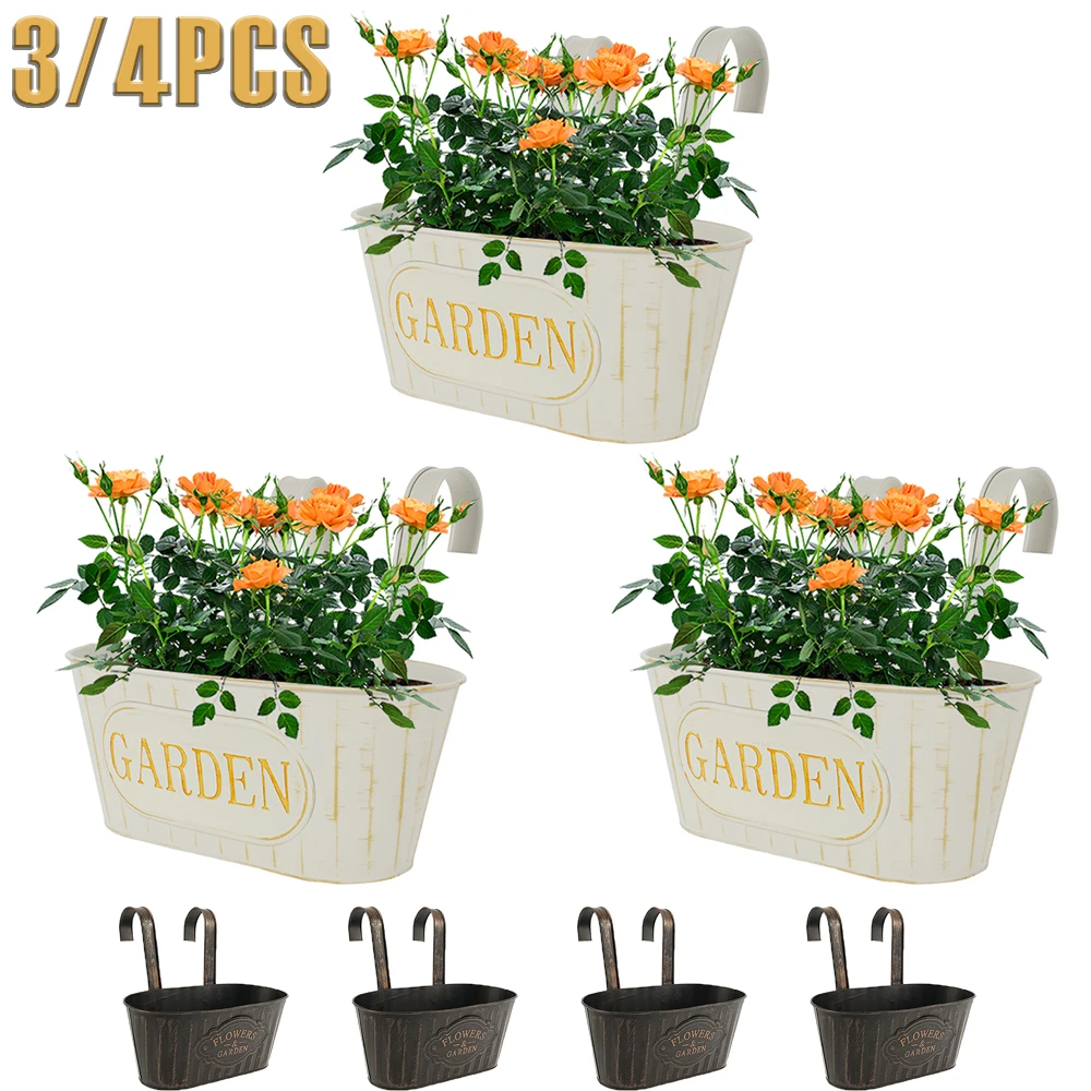 

3/4Pcs Fence Hanging Flower Pot Oval Shape Iron Railing Hanging Plant Holder With Bottom Drain Hole Garden Decor Plant Flowerpot