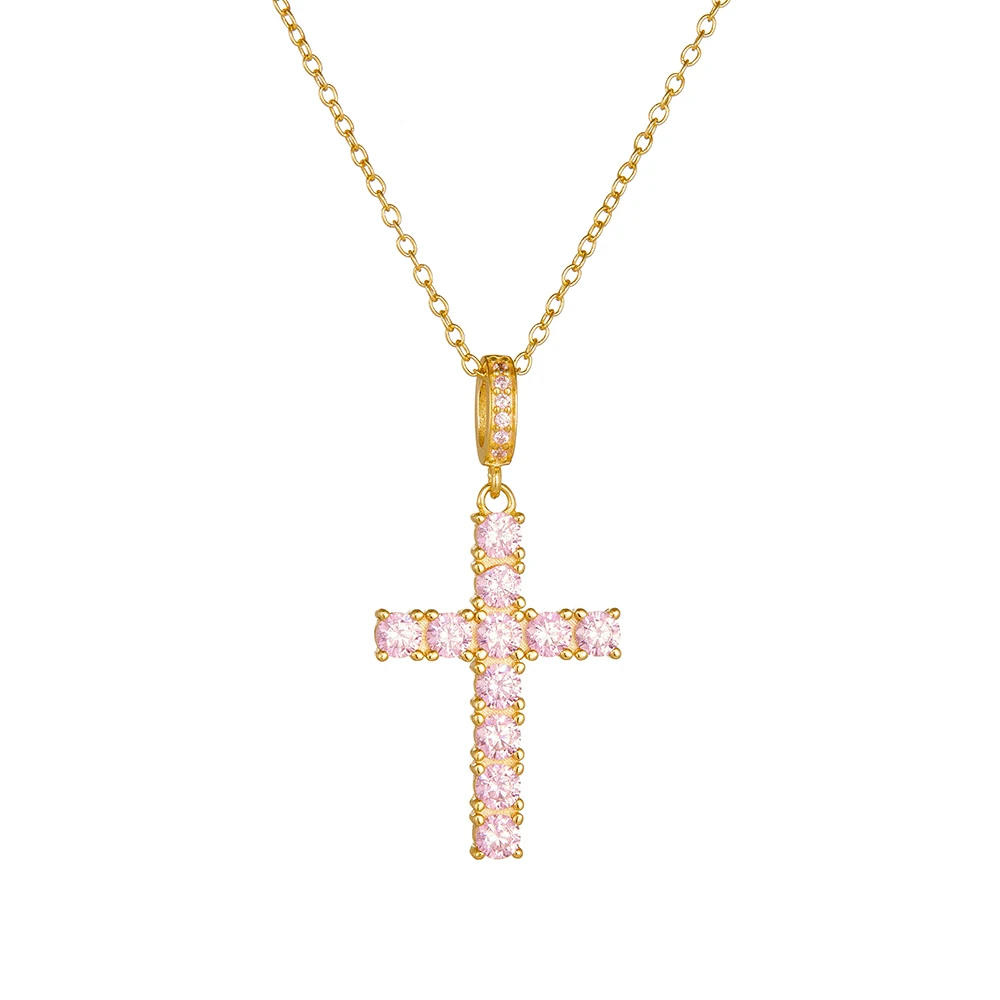 925 Sterling Silver Micro Pave Pink Round Zircon Cross Pendant Cable Chain Necklace Women Faith Religious Dainty Jewelry Gift image 3