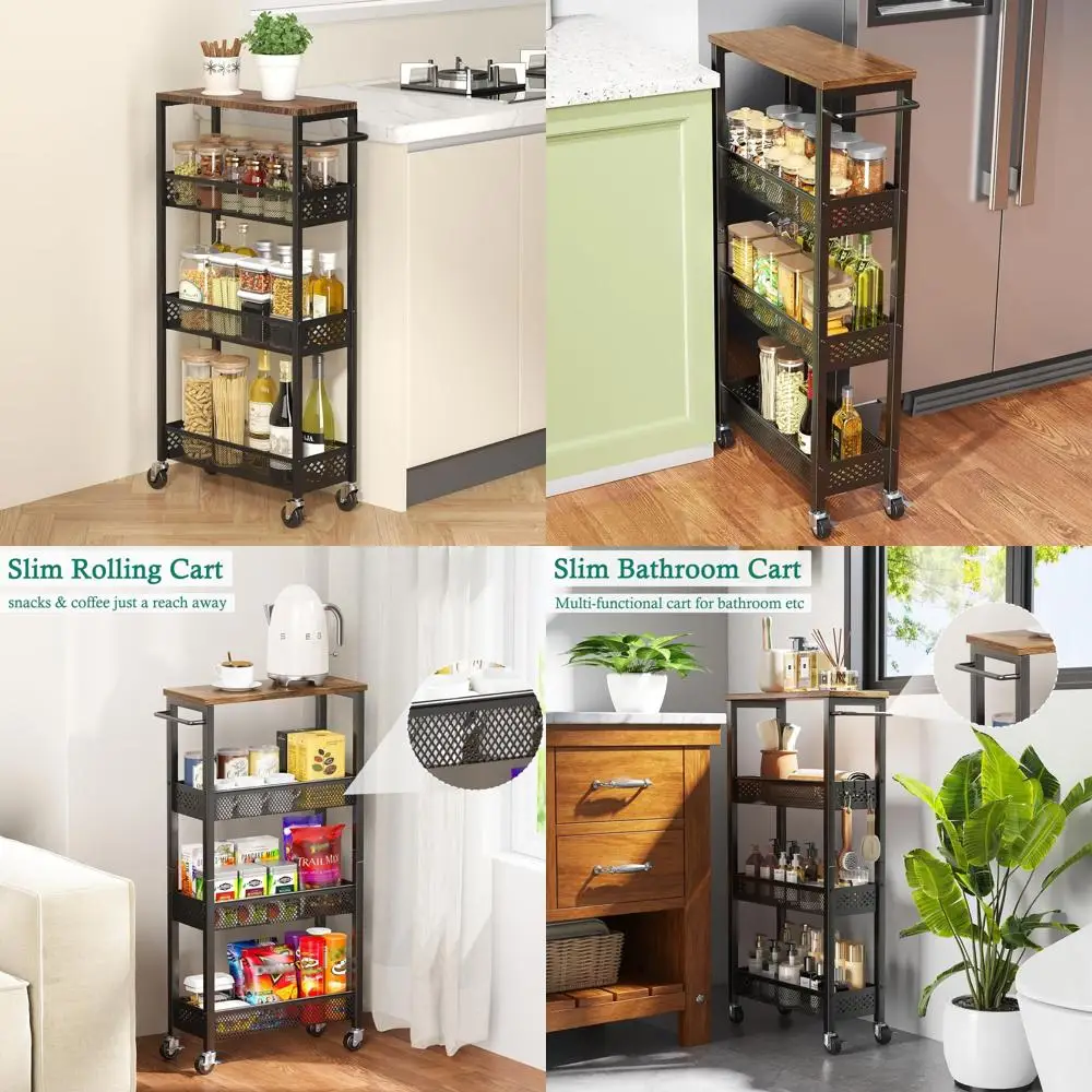 

Narrow 4-Tier Rolling Kitchen Cart with Wooden Top and Metal Handle, Mobile Utility Storage for Small Spaces