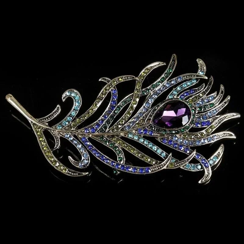 Peacock Feather Vintage Golden Multi-color Rhinestone Brooch Pins Fashion Accessories Jewelry Gifts