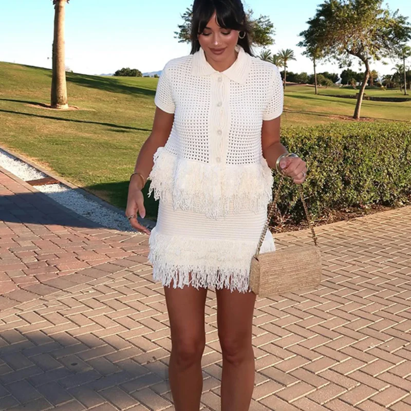 

2025 Spring Women Fashion Fringe Knit Slim Mini Skirt Suit Turndown Collar Half Breasted Long Sleeve Top Female Lady Sets