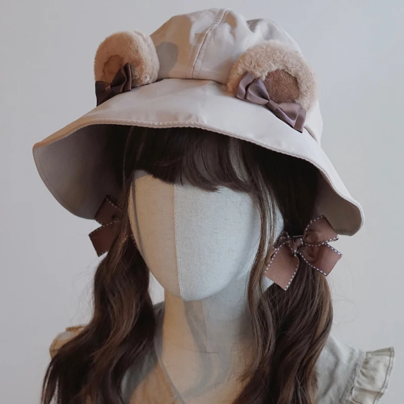 日本製手作りクマバケットハットバイザーソフトガールロリータかわいい獣耳カーキ帽子女性用