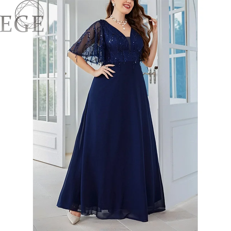 V Neck Royal Blue Sequins Shiny Plus Size Wedding Dress 5XL6XL Plus Size Women\'s Chiffon MAXI Party Banquet Short Sleeve Dresses