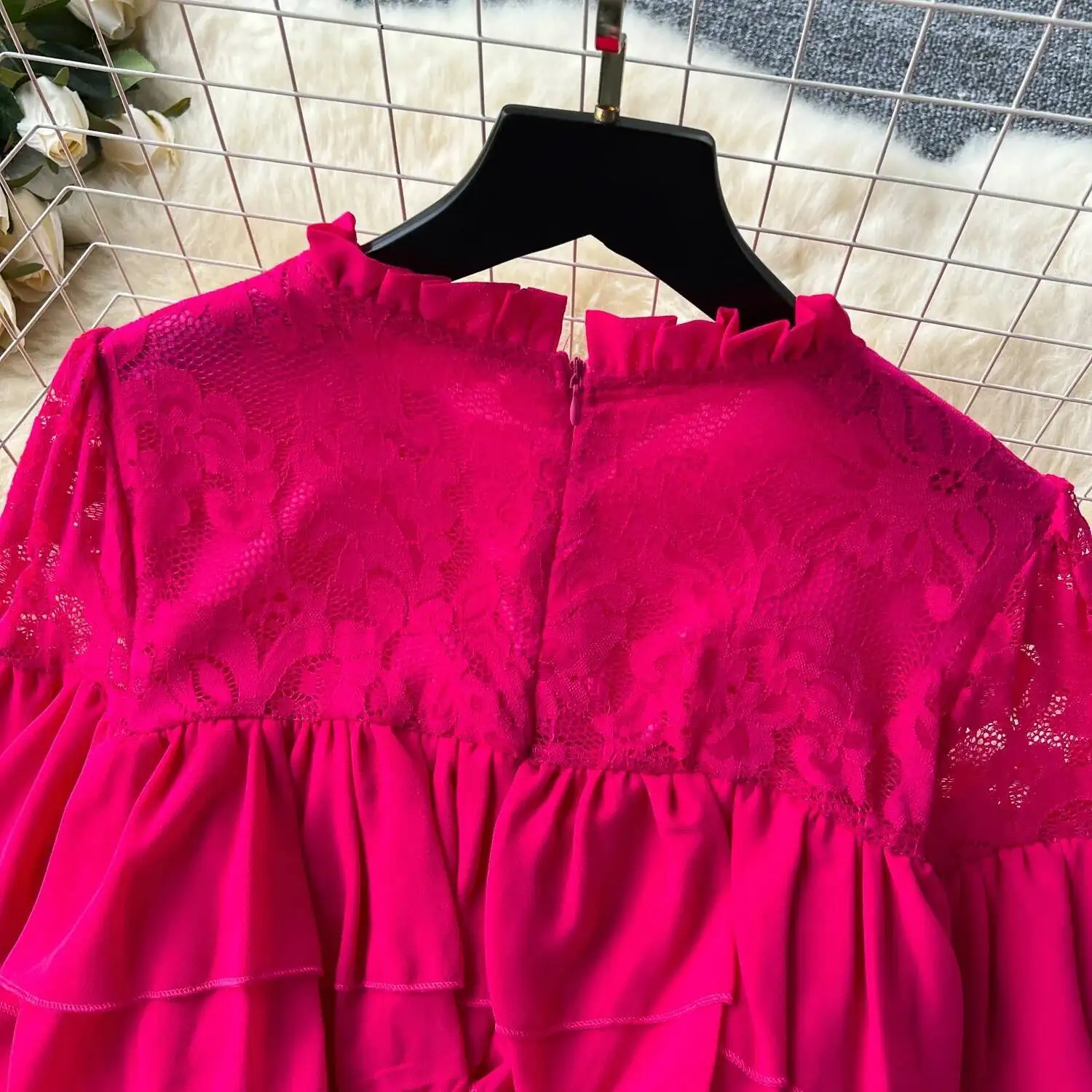 ヴィンテージエレガントなoネックパッチワークレースフリルフレアスリーブ甘いドレス女性の基本ファッション夏春ドレス