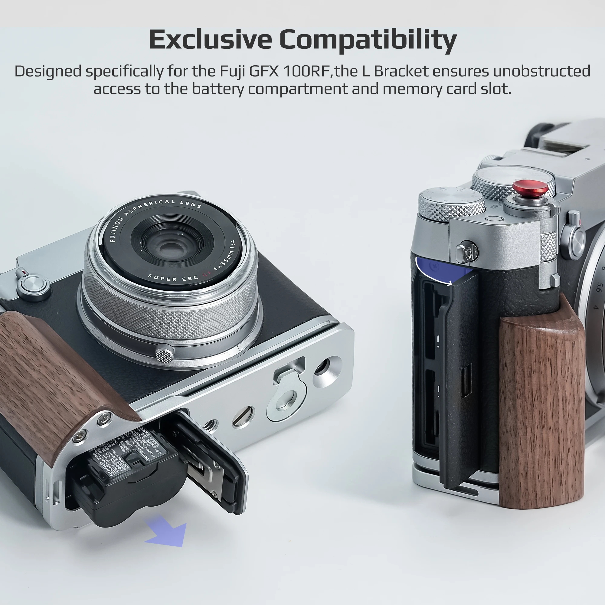 قبضة محمولة على شكل حرف L خشبية ممتازة من Freewell لكاميرا Fuji GFX100RF مع متانة الإصدار السريع من Arca-Swiss