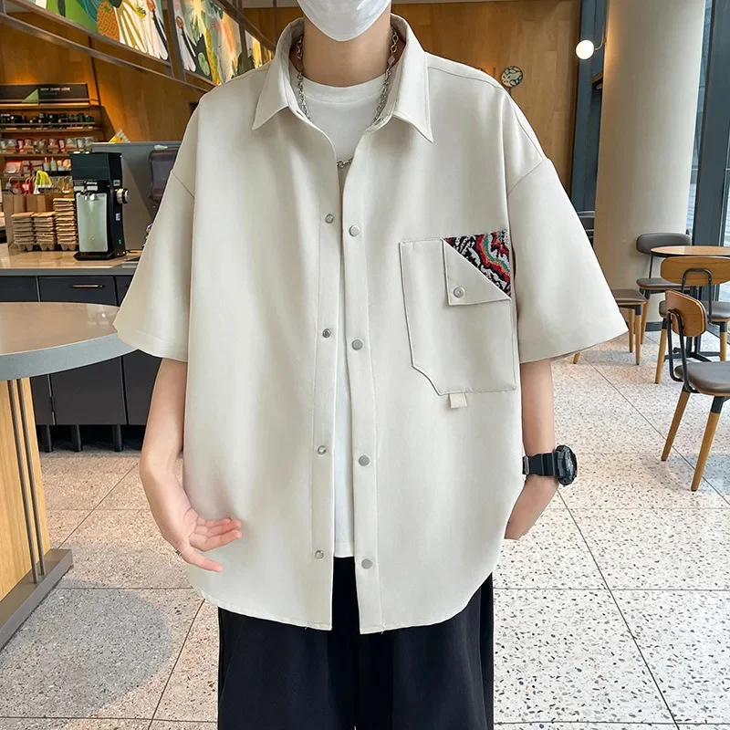 Oversize Men's Shirts Casual Loose Turn-down Collar Short Sleeve Printed Solid Cardigan Fashion Japanese Retro Style Thin Shirts