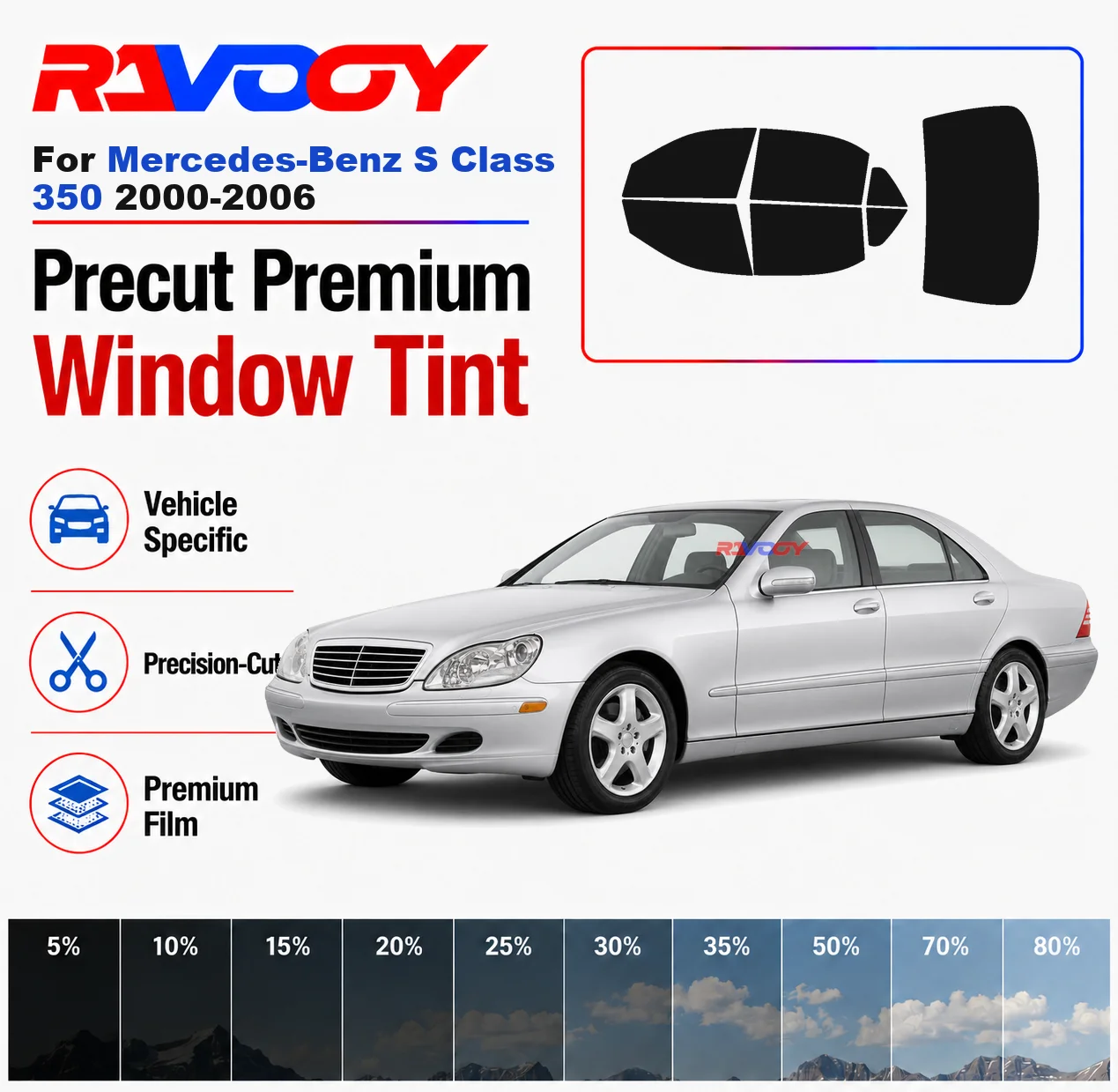 

Premium Precut Window Tint Kit Front Rear Windows Rear Windshield For Mercedes-Benz S Class 350 2000-2006 Nano Ceramic Film