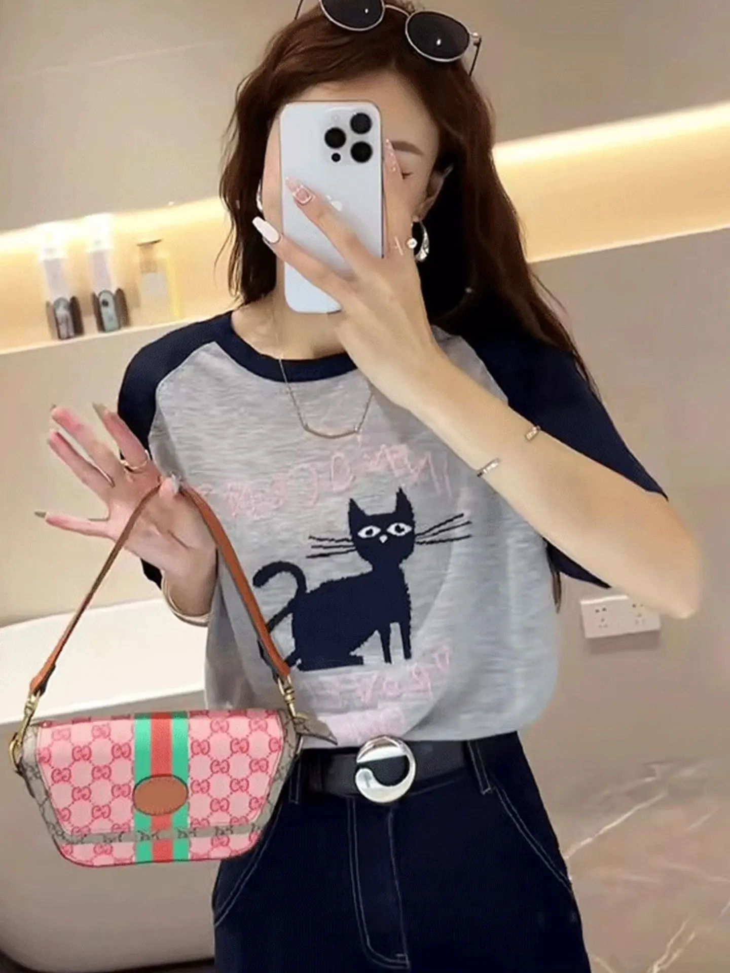 

High-End Korean Sle Ice Silk Knitted ort Sve Top with Contrast Color Print Design for Summer by u Rui Qi