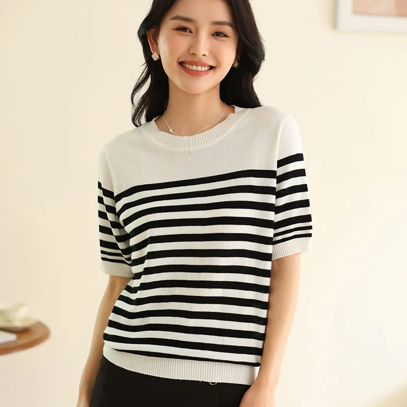 

Summer 100% cotton women's T-shirt casual striped knitted pullover short sleeved loose round neck T-shirt high-end fashion top