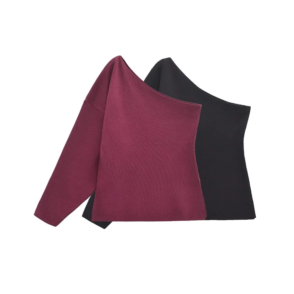 

European And American Fashion Asymmetric Diagonal Collar Long Sleeve Knitted Pullover Top Women's Winter New G866517