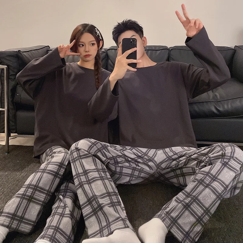 Couple Nightwear Men Women Cotton Pajamas Set Big Size Autumn Nightwear Homewear Set Long Sleeve Pant Korean Kawaii Clothes